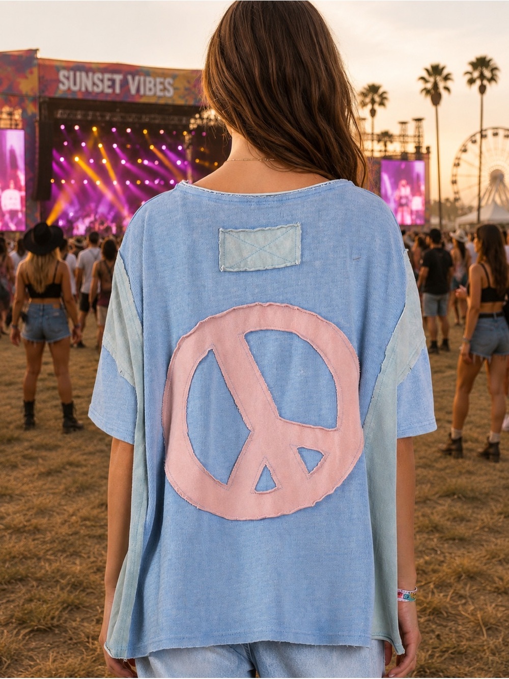 Blue Velvet Oversized Peace Patch Tee - Light Blue & Pink